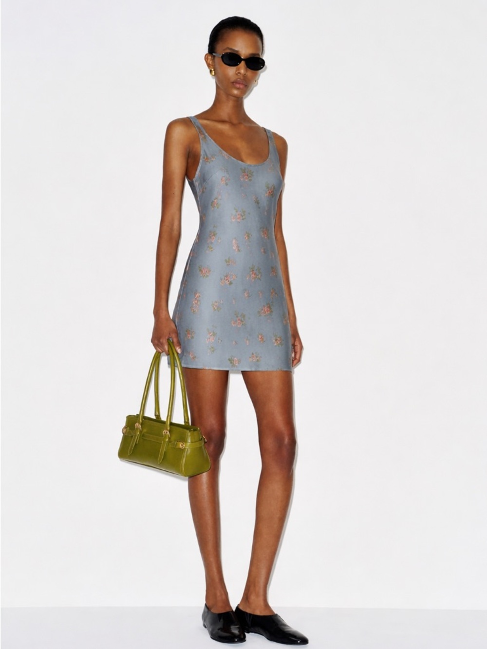 Reformation Dusty Blue Floral Scoop-Neck Mini Dress